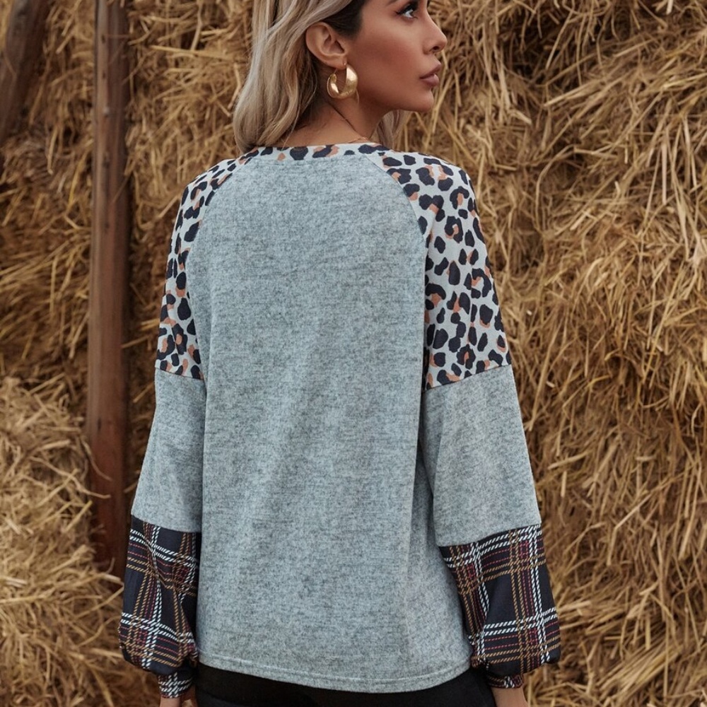 leopard print color block plaid grey top boho - Picture 3 of 4